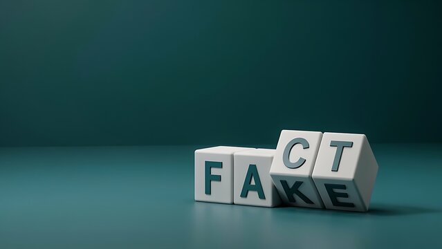 Concept of flipping blocks from fake to fact text on dark background for fact check and news verification