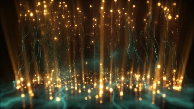 青緑のエネルギー波から上昇する黄金の光粒子と光線の抽象背景