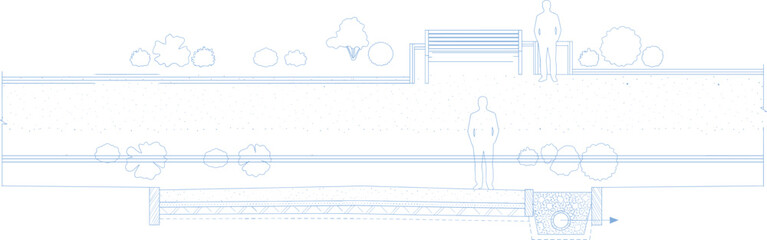Architectural blue print section drawing of a park walkway with drainage and landscaping © Mahsina