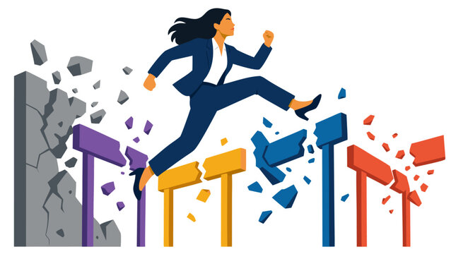 Confident businesswoman shattering through walls of obstacles and hurdles with dynamic momentum, breaking resistance barriers in bold flat color graphic style symbolizing professional breakthrough