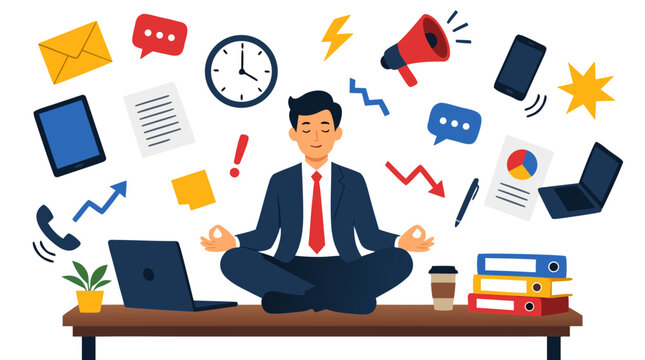 Calm businessman meditating cross-legged at desk surrounded by floating work icons, emails, charts, and digital gadgets representing workplace stress management and mindfulness