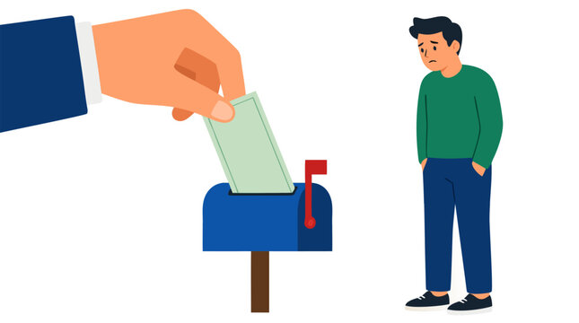 Giant hand depositing financial assistance check into mailbox for unemployed man receiving government benefits and social support