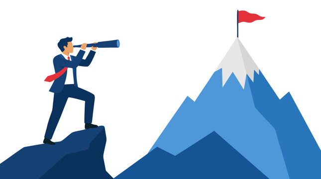A businessman in a suit looks through a telescope at a distant mountain peak with a red flag on top, symbolizing business goals, vision, strategy, and reaching the summit of success in a flat vector