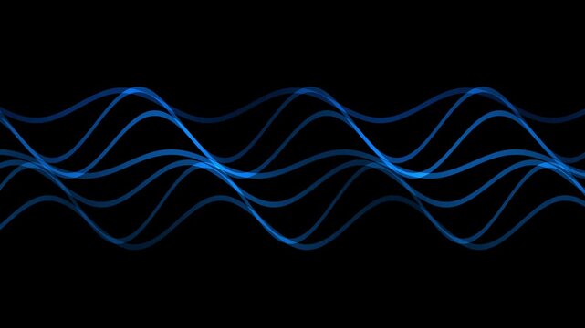 Glowing blue waves ripple across a dark background in smooth undulating lines.