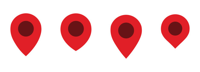 Red location pin icons set. Collection of four red location pin icons featuring different map marker shapes with dark circular centers. © Dark