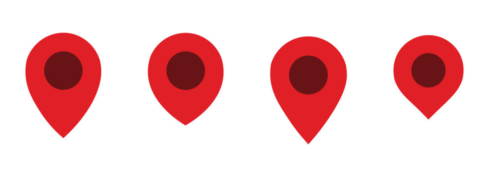 Red location pin icons set. Collection of four red location pin icons featuring different map marker shapes with dark circular centers.