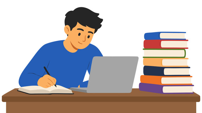 A young man sitting at a wooden desk studying hard with a laptop and a tall stack of colorful books, writing notes in a notebook, flat vector illustration of education and learning concept.
