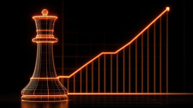 Neon wireframe chess queen leading upward trending business graph in dark studio
