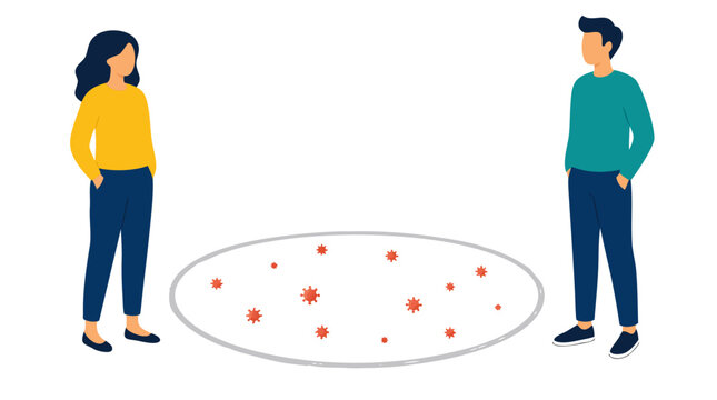 Two faceless people standing far apart observing a chalk circle on the ground filled with red virus particles, illustrating social distancing and safety measures during a pandemic to prevent