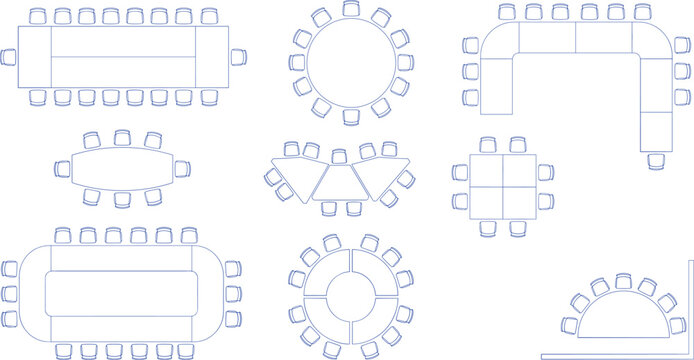 Architectural top view of conference tables and chairs layout vector set for office design