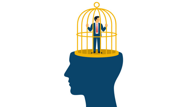 A conceptual vector illustration depicting a businessman trapped inside a golden birdcage placed on top of a large human head silhouette, representing mental restriction and corporate stress.