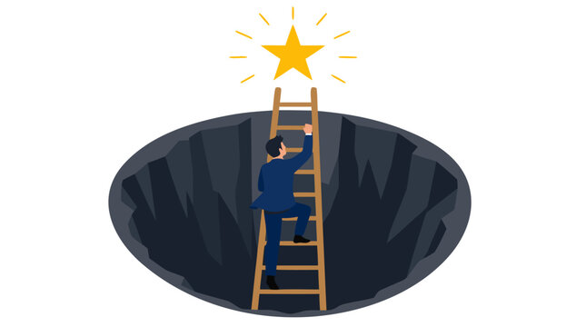 A determined businessman in a blue suit climbs a tall wooden ladder rising out of a deep dark crater pit, reaching toward a glowing yellow star symbolizing success and ambition in a vector