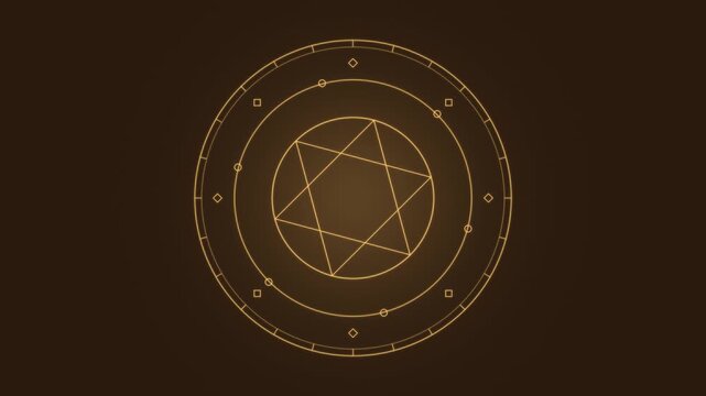 Halloween background of rotating geometric magic circle, seamless loop in golden amber