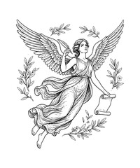 Obraz premium Winged woman goddess figure flying holding a quill and scroll with a serene expression in flowing gown