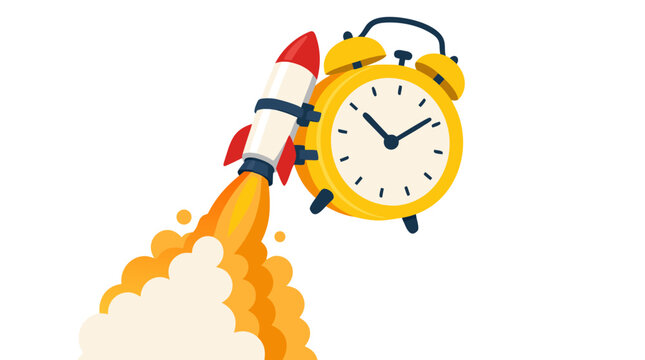 A vibrant yellow alarm clock equipped with a small rocket booster strapped to its side, launching upward with bright orange flames and smoke, symbolizing speed, urgency, and efficient time management.