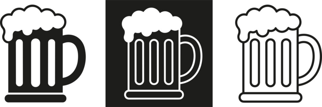 Beer mug icon set in solid black inverted square and linear outline style for pub menu logo