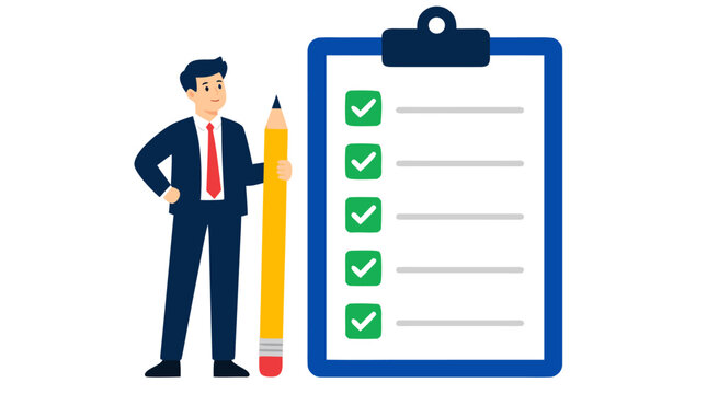 Professional businessman standing next to a giant clipboard with all checklist items successfully ticked off, flat vector illustration representing task completion, project management, and success