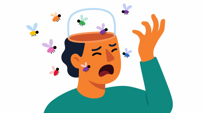 Frustrated person with open transparent head and colorful insects buzzing around face, hand raised in distress and mental overwhelm concept