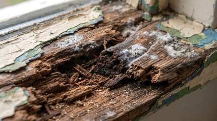 Fototapeta premium Rotten wooden window sill with mold. Damaged timber frame showing decay and fungus.
