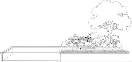 Fototapeta premium Modern swimming pool and backyard garden landscape design line art vector illustration
