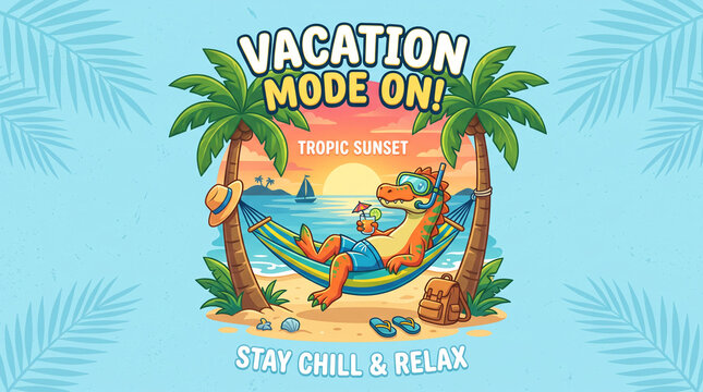 Cartoon dinosaur relaxing in hammock with vacation mode slogan.