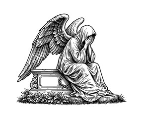 Obraz premium Grieving Hooded Angel Statue Crying and Covering Face Sitting on a Grave in Detailed Line Art Engrave Style