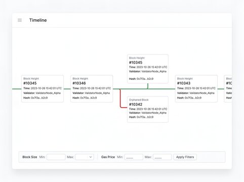 Blockchain timeline user interface showing block height validator details orphaned block status and filter controls