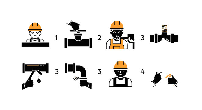 Plumbing Installation Steps: Worker Icons for Pipe Fitting, Valve, and T-Joint Assembly