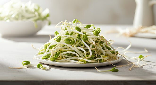 Fresh organic mung bean sprouts on a white ceramic plate
