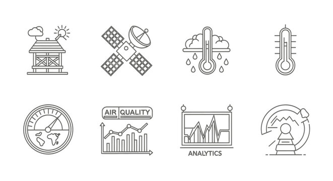 Weather Station, Satellite, Thermometer, Air Quality & Analytics Icons Set