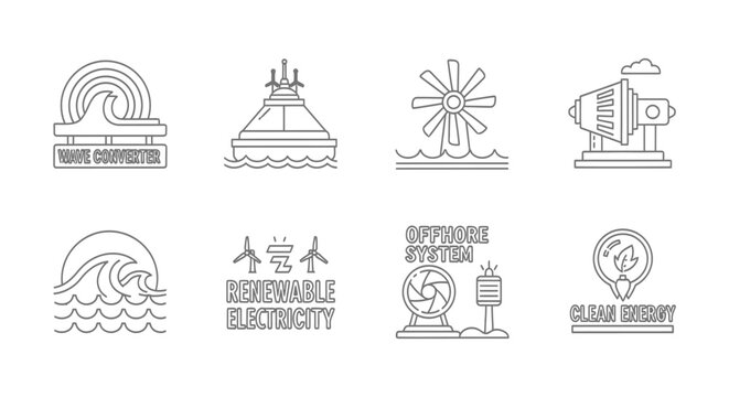 Offshore Renewable Energy Icons: Wave, Wind, Tidal Power, Clean Energy Symbols
