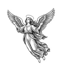 Obraz premium Beautiful Angelic Woman Flying Upwards with Outstretched Arms and Serene Expression in Detailed Vintage Engraving Style