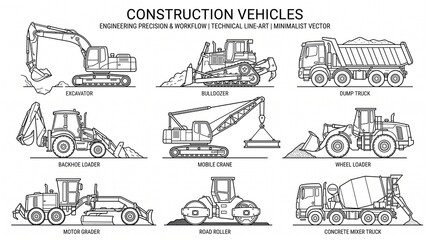 Obraz premium Line‑art illustrations of nine construction vehicles symbolizing engineering precision, functionality, and workflow in technical minimalist design.
