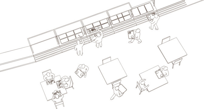 Top view of a cafeteria interior layout with food counter and dining tables line art vector