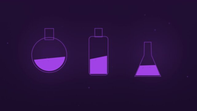 Halloween background of magic potion bottles with rising bubbles, seamless loop in purple and black