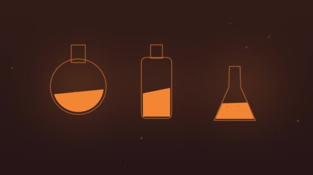 Halloween background of magic potion bottles with rising bubbles, seamless loop in orange and black