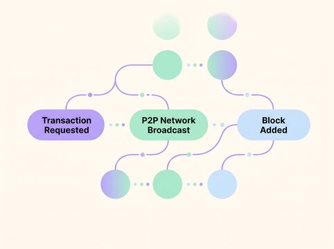 Blockchain transaction flow chart showing transaction requested p2p network broadcast and block added nodes