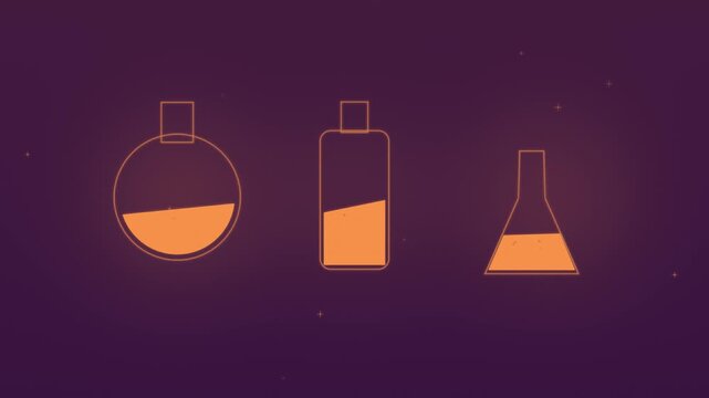 Halloween background of magic potion bottles with rising bubbles, seamless loop in purple and orange twilight
