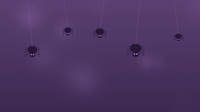 Halloween background of cute spiders dangling on threads, seamless loop in soft lavender