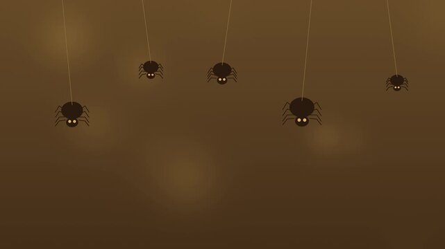Halloween background of cute spiders dangling on threads, seamless loop in golden amber