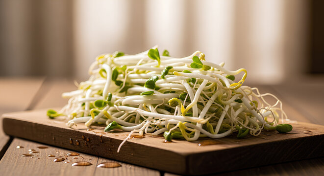 Fresh organic mung bean sprouts on a rustic wooden board