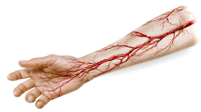 Anatomical visualization of the forearm with an arteriovenous fistula showing the external surface of the forearm and a section demonstrating the internal vascular anatomy.