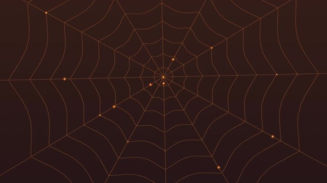 Halloween background of spider web with traveling light glints, seamless loop in orange and black