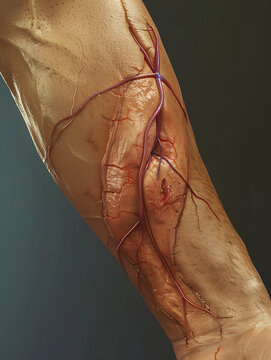 A view of the forearm of a patient with a developing arteriovenous fistula. A healed scar from a surgical incision near the wrist is visible on the skin.