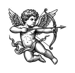 Obraz premium Focused Cupid Angel Shooting Bow and Arrow Flying with Determined Expression in Vintage Detailed Engraving Style