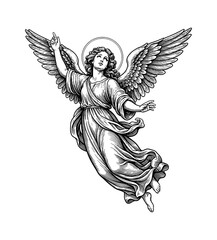 Obraz premium A serene angelic woman floating upwards with large wings a halo and flowing robe pointing to the sky