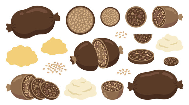Set of blood sausages and mashed potatoes, traditional food icons, sliced links, rustic meals, butcher shop menu illustrations, savoury cuisine