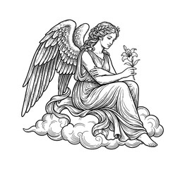 Obraz premium Beautiful Angelic Woman Sitting on Clouds Holding a White Lily with a Serene Contemplative Gaze in Elegant Classical Line Art Style