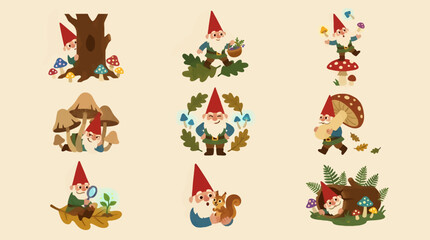 Fototapeta premium Mischievous Gnome Forest Dweller Vector Icon Sheet with Various Poses and Interactions with Mushrooms, Tree Trunk, Squirrel, and Plants, Flat Illustration Style