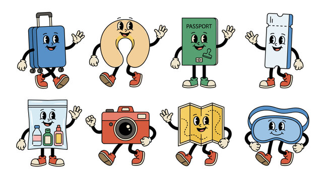 Retro travel mascots featuring luggage, passport, camera, and map characters in 90s vintage style, wanderlust themes, joyful trip adventure icons